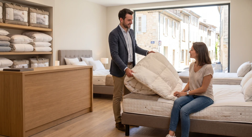 Conseiller en magasin de literie montrant une couette en duvet naturel dépliée à un client assis, en environnement professionnel chaleureux avec comptoir et rayons de produits en arrière-plan.