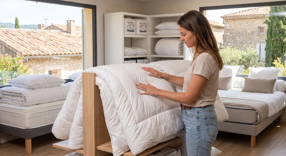 Client en magasin de literie testant le toucher d'une couette exposée en rayon, examinant le garnissage et la texture du tissu avec ses mains.