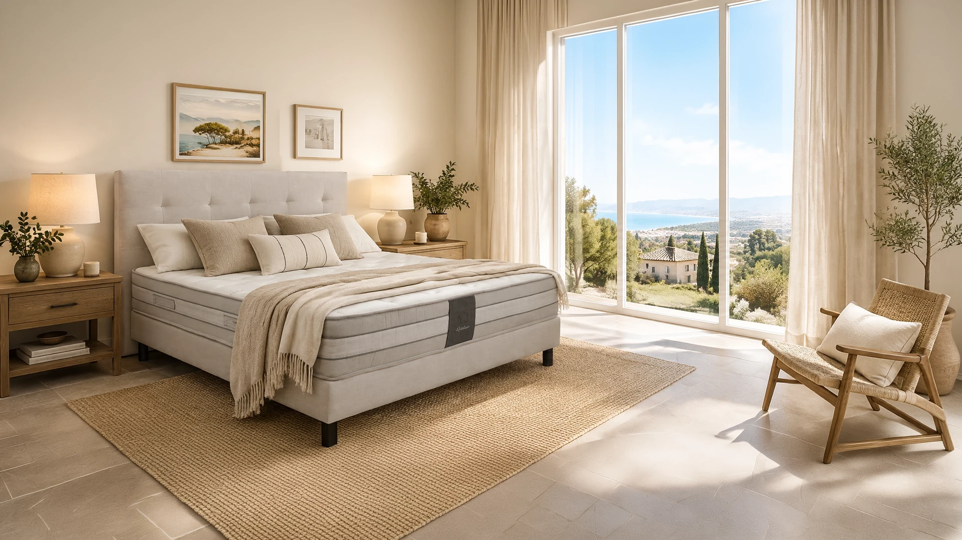 Magasin de literie avec client testant un matelas, allongé sur le dos portant des lunettes
